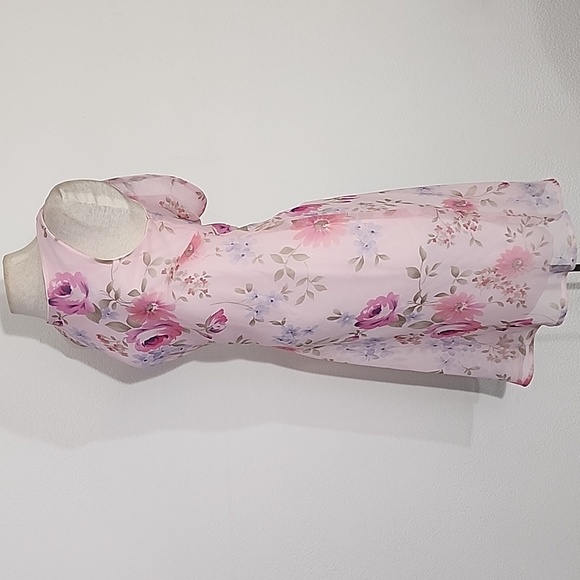Dress Cowl Drape Back Floral Semi Sheer Overlay Lined Pink Size M - Picture 6 of 9
